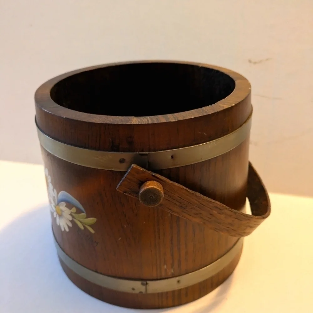 Old Wood Firkin Sugar Bucket Pail w/ Swinging Handle Primitive Rustic